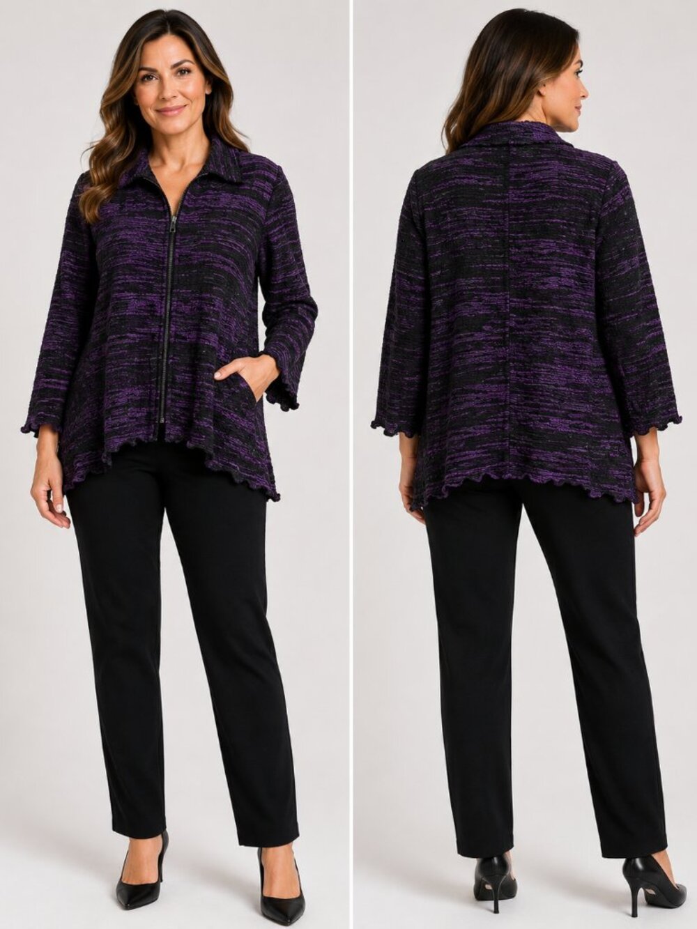Modes Crystal Fashions Purple Black Textured Zip Front Jacket Women's Size L